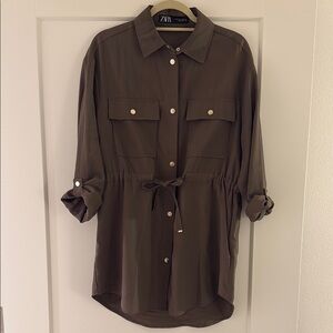 Zara Olive Green Button-Up Shirt Dress